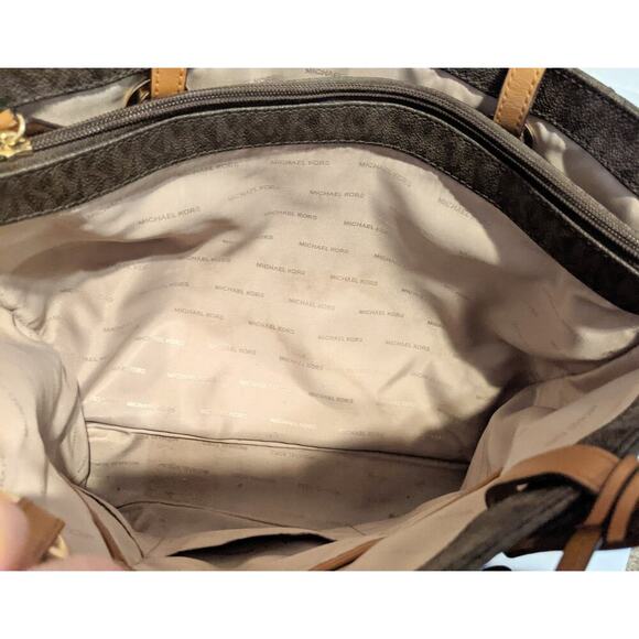 Michael Kors Signature Brown Coated Canvas Jet Set East West Tote Bag Purse - Picture 13 of 15